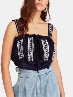 Free People Hill Embroidered Crop Top Navy